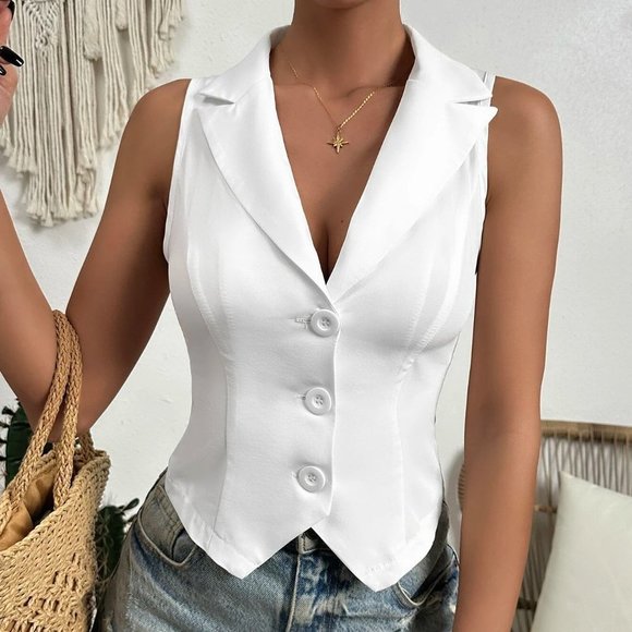 White Preppy Womens Lapel Collar Button Front Waistcoat - Picture 4 of 5